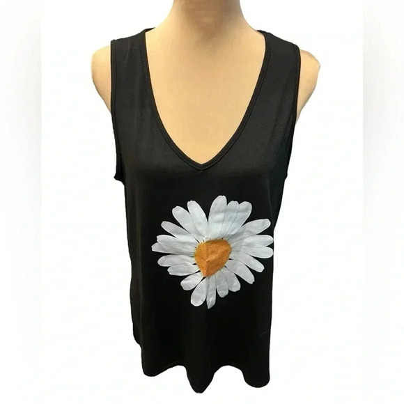 MissLook Tank Top Blouse Shirt Sleeveless V-Neck Black with a White Daisy Size L - Picture 1 of 9